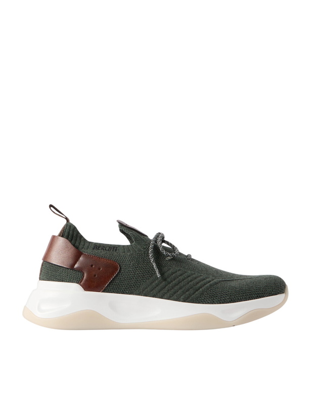 Photo: Berluti - Shadow Leather-Trimmed Stretch-Knit Sneakers - Green