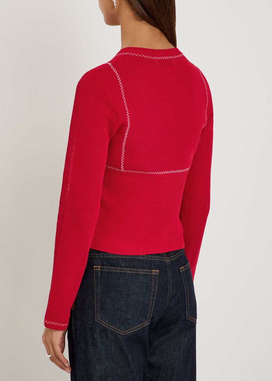 Tory Burch Embroidered Fine-knit Cardigan Red And White
