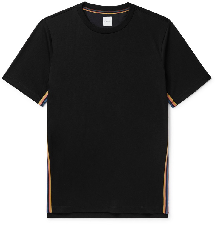 Photo: PAUL SMITH - Striped Webbing-Trimmed Organic Cotton-Jersey T-Shirt - Black