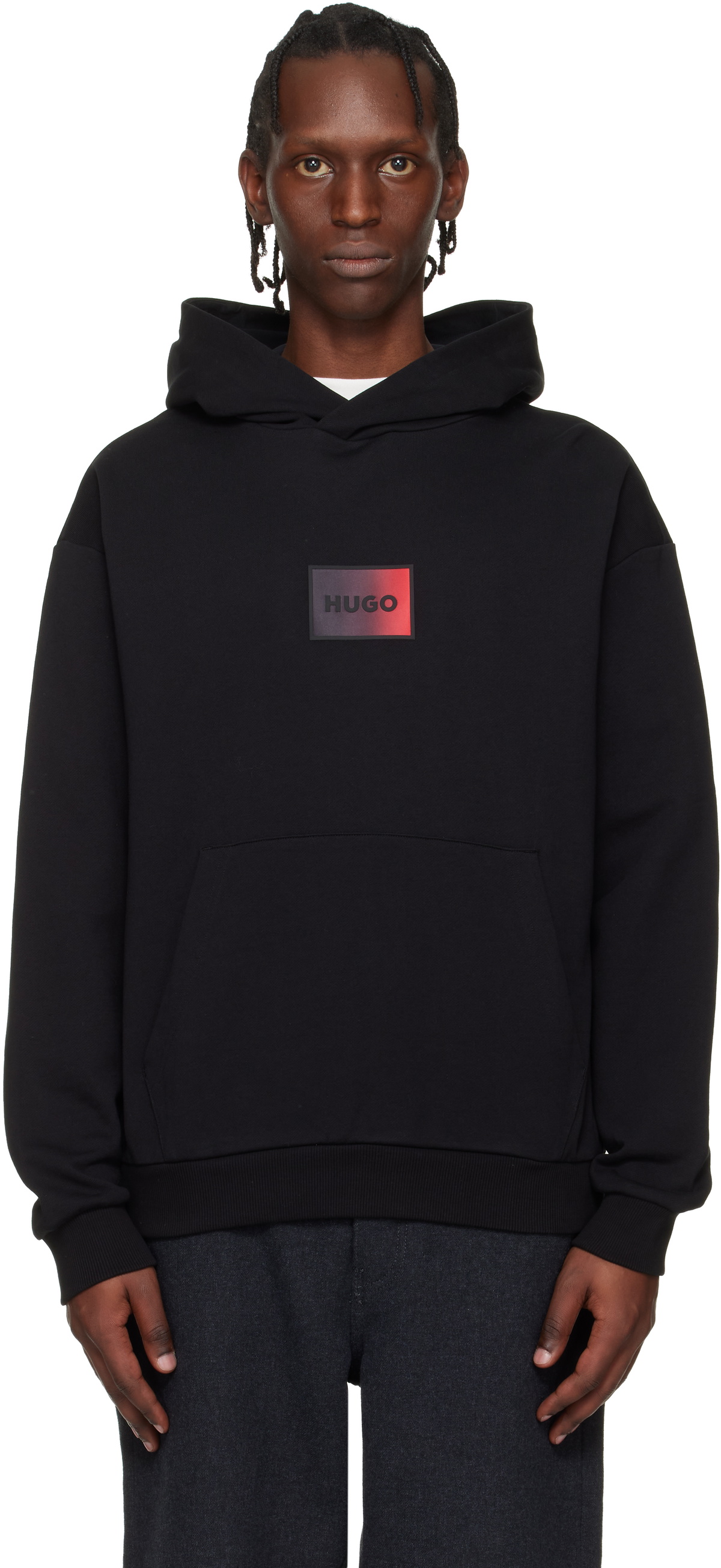 Hugo Black Cotton-Terry Gradient Logo Hoodie