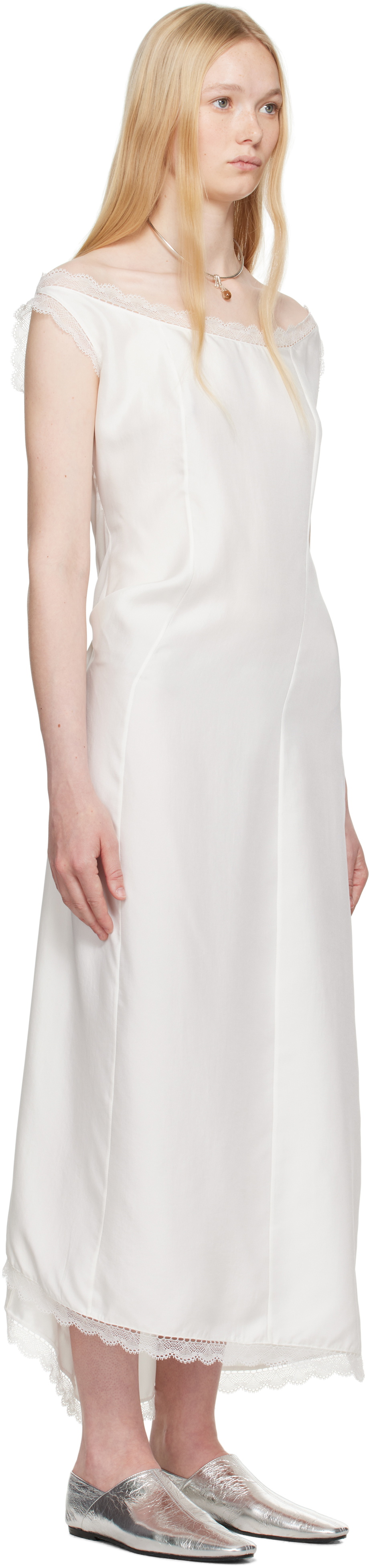 COLLEEN ALLEN White Silk Slip Midi Dress