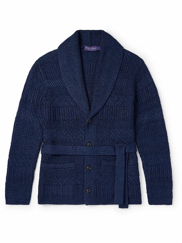 Photo: Ralph Lauren Purple label - Shawl-Collar Belted Cable-Knit Silk and Cotton-Blend Cardigan - Blue
