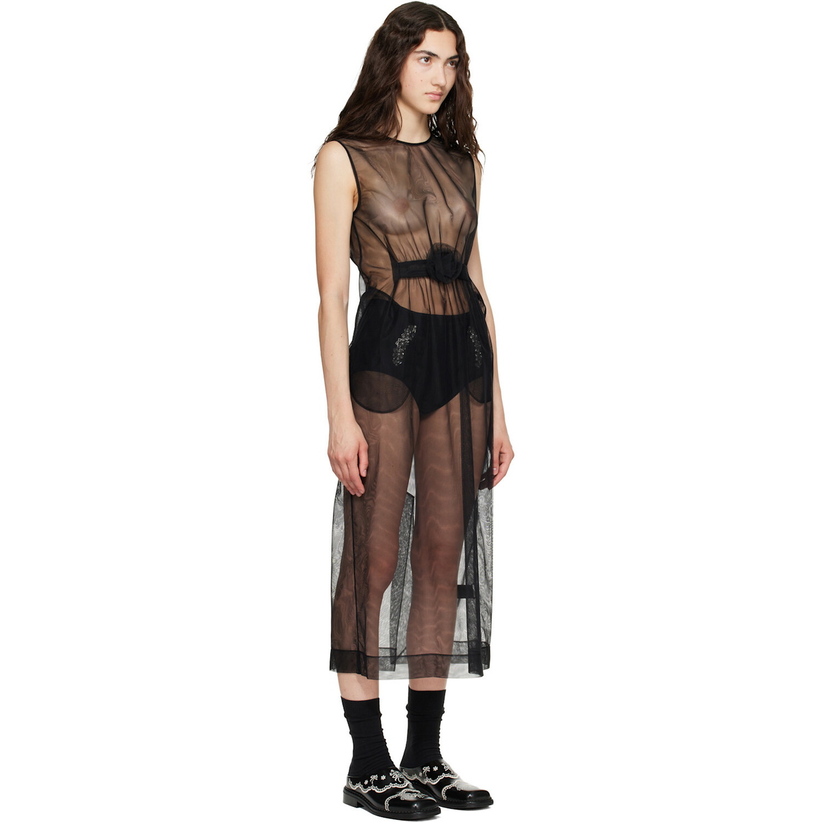 Simone Rocha Black Gathered Rose Contour Midi Dress