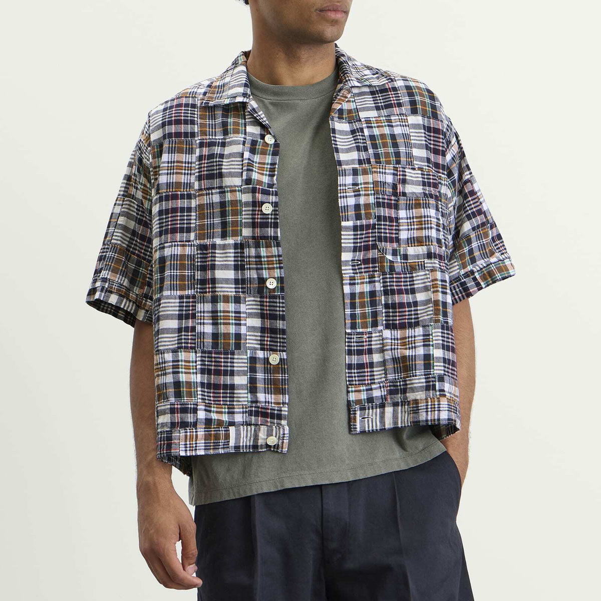 Beams Plus Men's Patchwork Madras Cabana Shirt in Navy