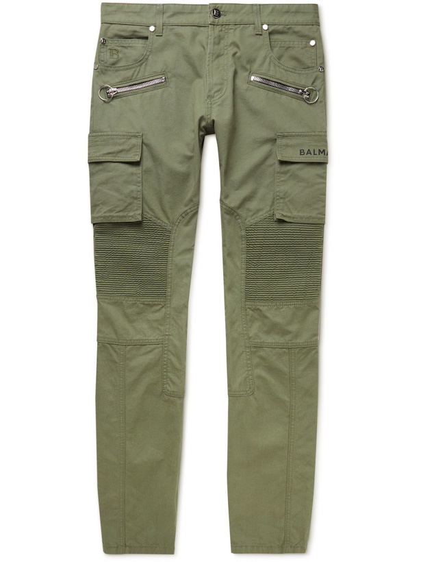 Photo: Balmain - Slim-Fit Logo-Print Cotton-Canvas Cargo Trousers - Green
