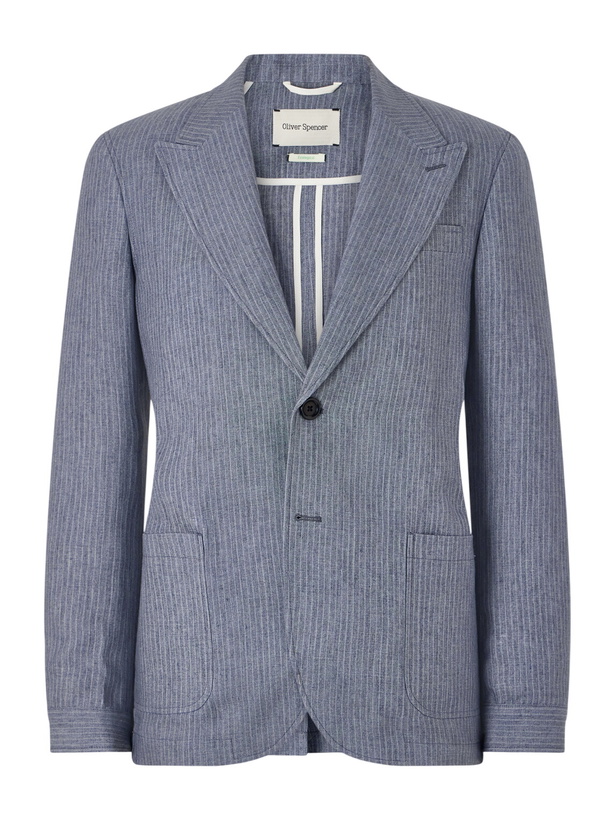 Photo: Oliver Spencer - Wilkins Pinstriped Linen Suit Jacket - Gray