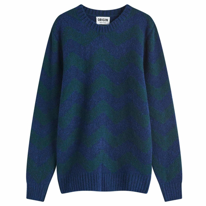 Photo: Country Of Origin Men's Thames Stripe Knit Jumper in Navy Tartan