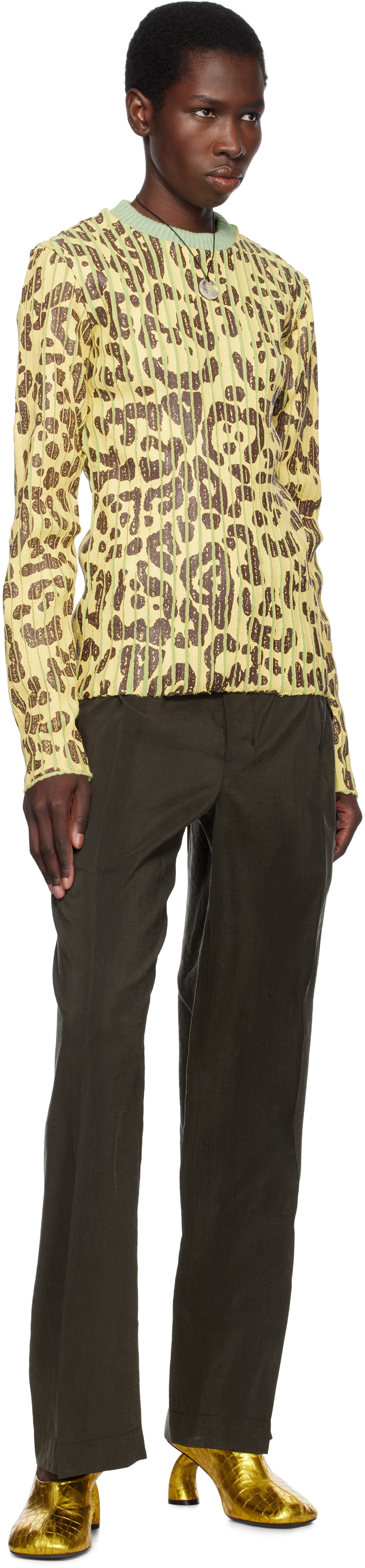 Stanley Raffington Yellow & Green Leopard Print Plated Knit Crewneck Sweater