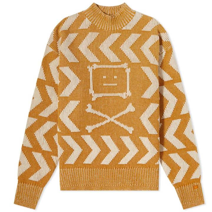 Photo: Acne Studios Keith Cross Bones Face Relaxed Crew Knit in Saffron Yellow/Oatmeal Beige