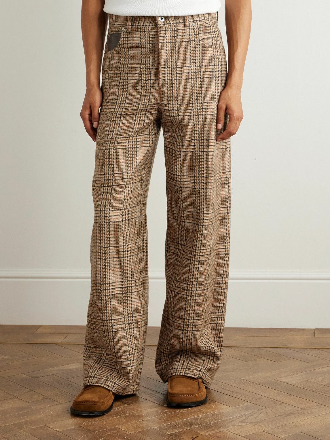 LOEWE - Leather-Trimmed Prince of Wales Checked Wool Trousers - Neutrals