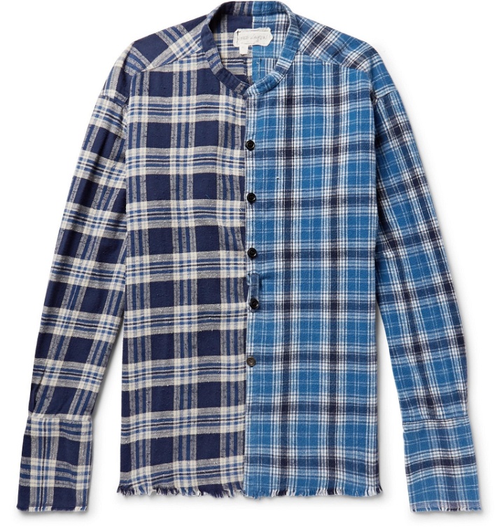 Photo: Greg Lauren - Grandad-Collar Distressed Checked Cotton-Flannel Shirt - Blue