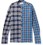 Greg Lauren - Grandad-Collar Distressed Checked Cotton-Flannel Shirt - Blue