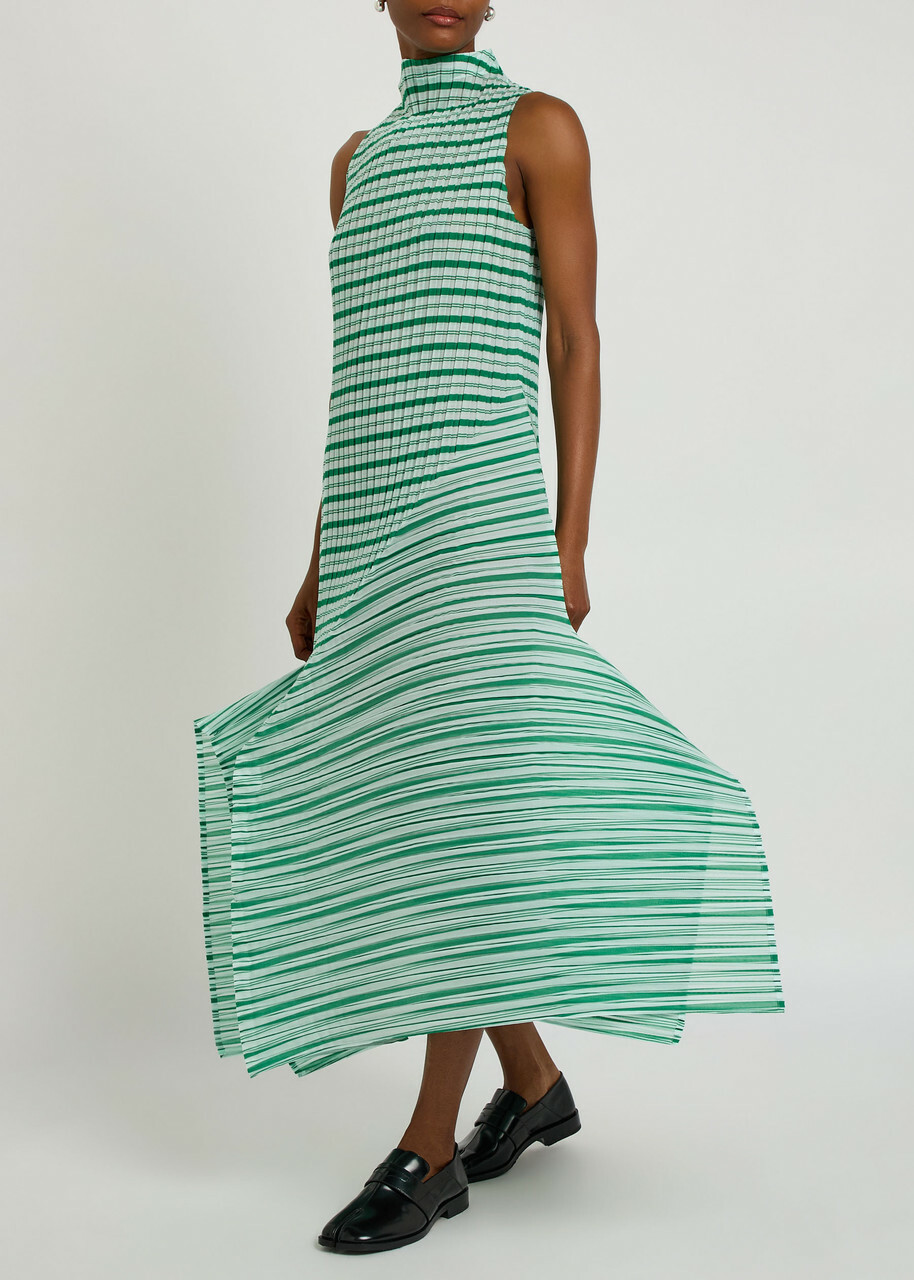 Issey Miyake Striped Pleated Woven Midi Dress Green