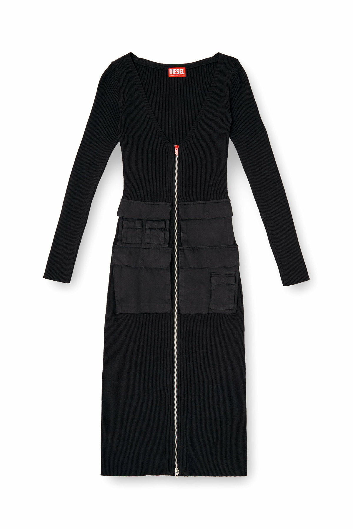 Diesel Ribbed midi dress with cargo pockets - Dresses Womens in Black