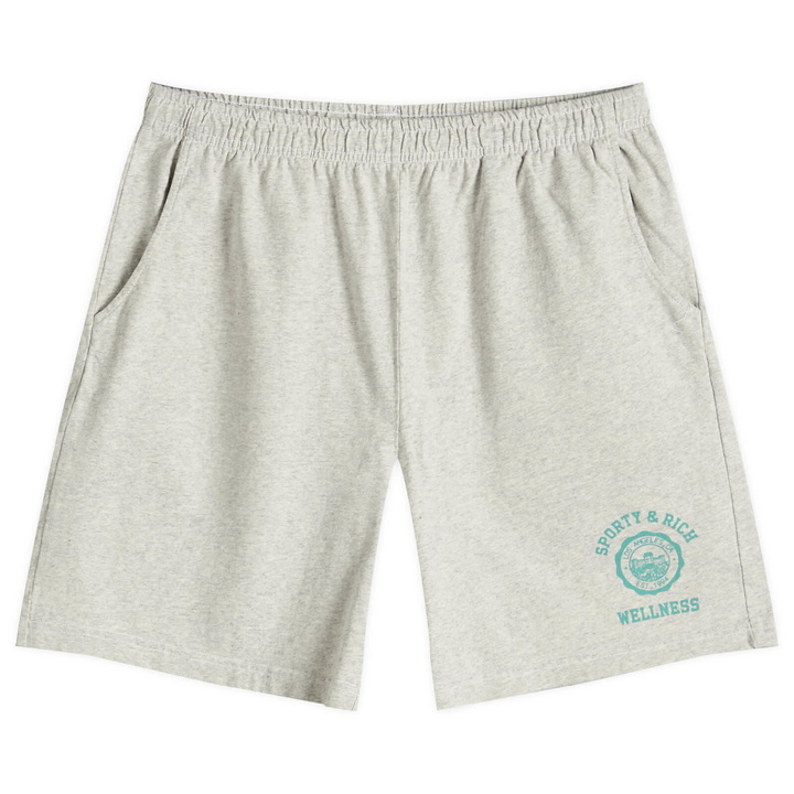 Photo: Sporty & Rich Men's Emblem Gym Shorts in Heather Grey/Caribbean