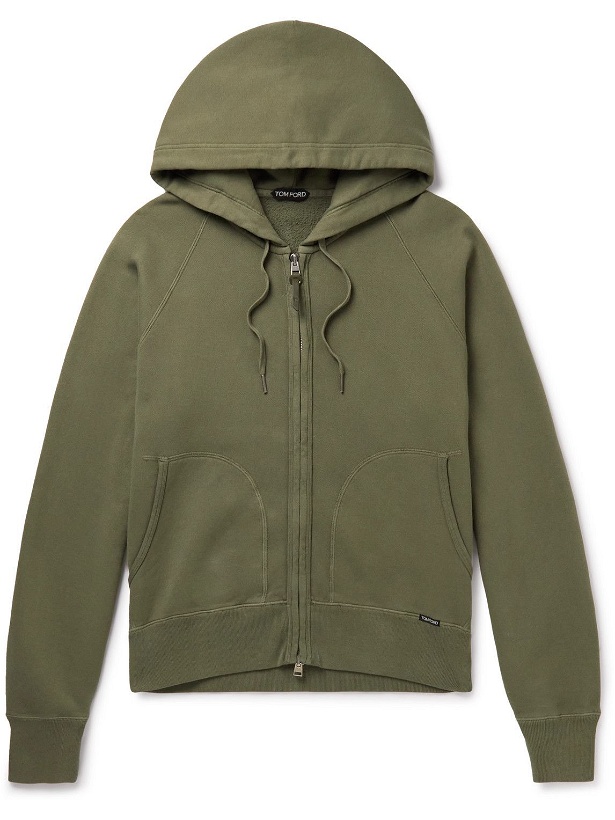 Photo: TOM FORD - Garment-Dyed Cotton-Jersey Zip-Up Hoodie - Green