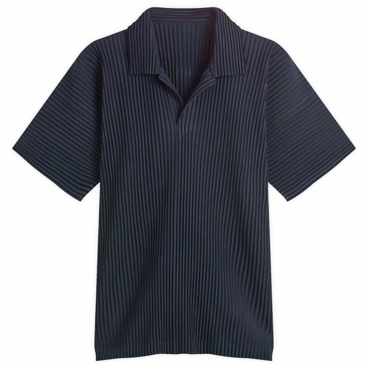 Homme Plissé Issey Miyake Men's Pleated Polo Shirt in Navy Homme