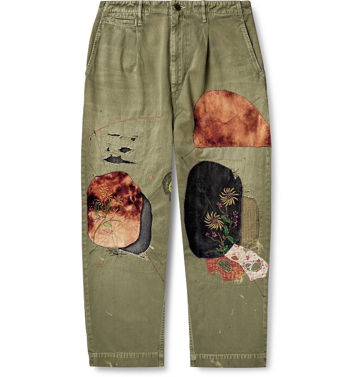 Photo: KAPITAL - Appliquéd Embroidered Distressed Cotton-Twill Trousers - Green