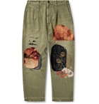 KAPITAL - Appliquéd Embroidered Distressed Cotton-Twill Trousers - Green