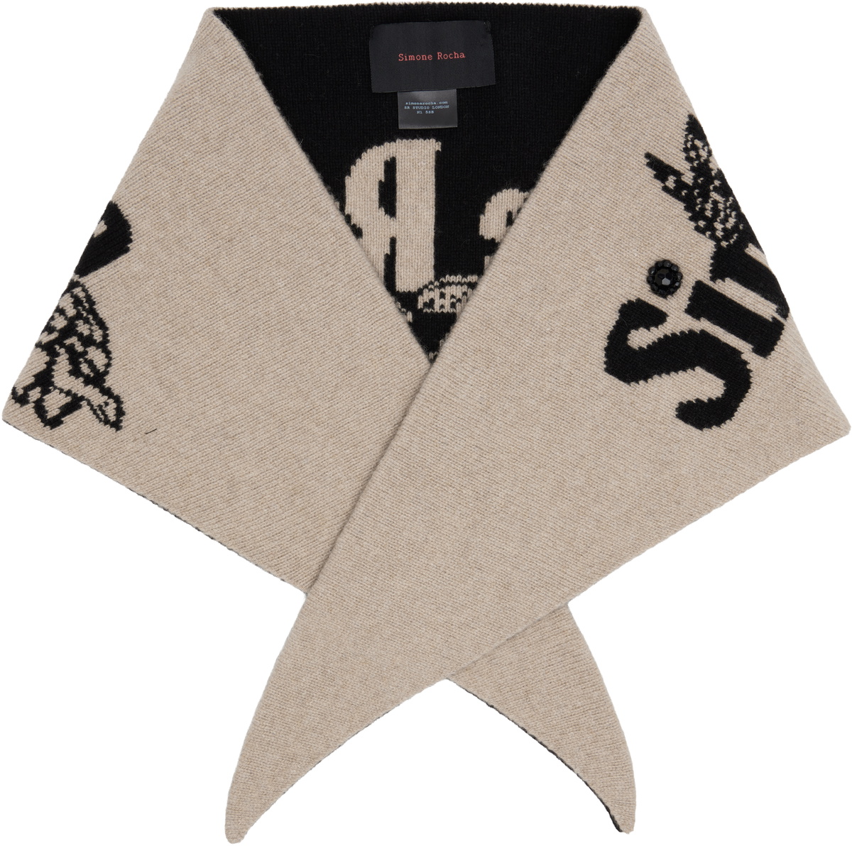 Simone Rocha Black & Beige Graphic Logo Knit Neckerchief Scarf