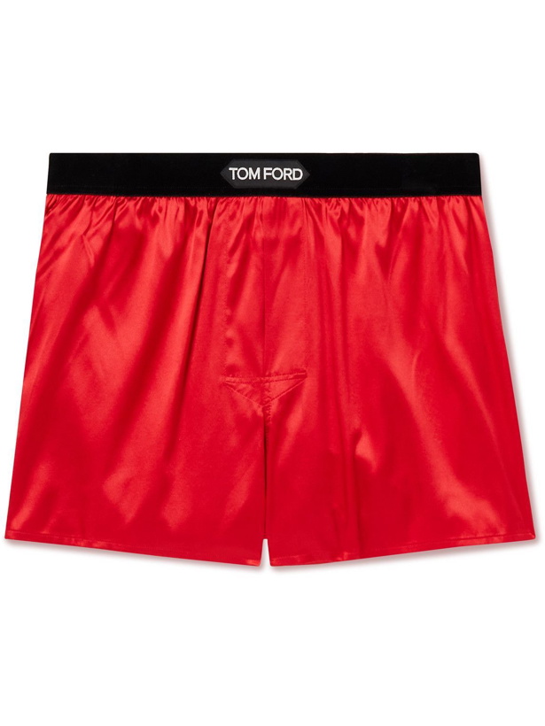 Photo: TOM FORD - Velvet-Trimmed Stretch-Silk Satin Boxer Briefs - Red