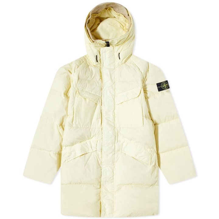Photo: Stone Island Men's Crinkle Reps Long Down Coat in Butter