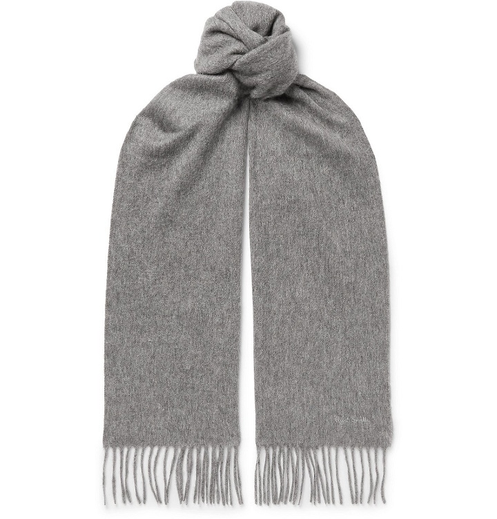 Photo: PAUL SMITH - Logo-Embroidered Fringed Cashmere Scarf - Gray