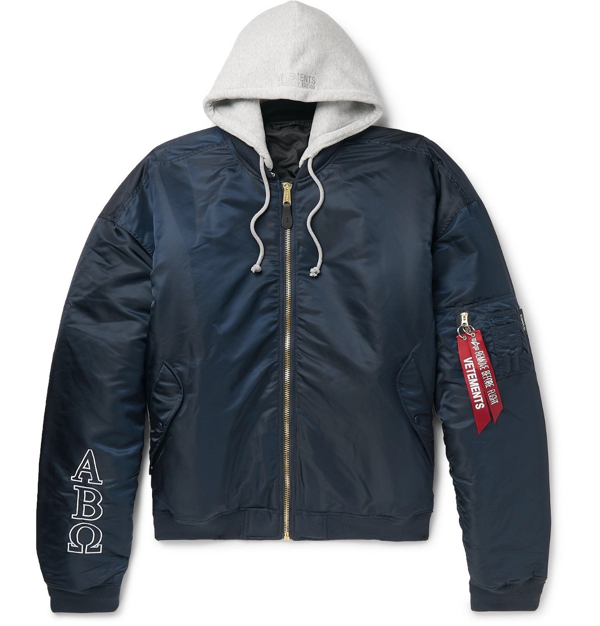 Vetements - Alpha Blue Oversized Embroidered Bomber Vetements Shell Reversible Hooded - Industries Jacket