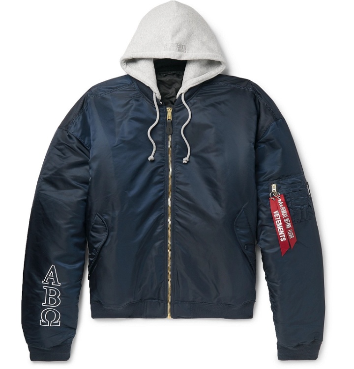 Photo: Vetements - Alpha Industries Oversized Reversible Embroidered Shell Hooded Bomber Jacket - Blue