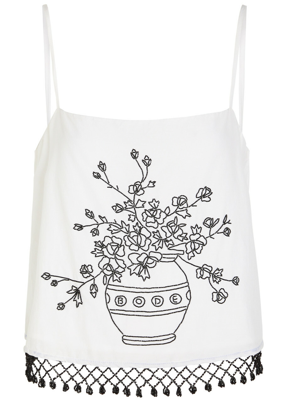 Bode Rosebloom Bead-embellished Cotton and Silk-blend Tank White