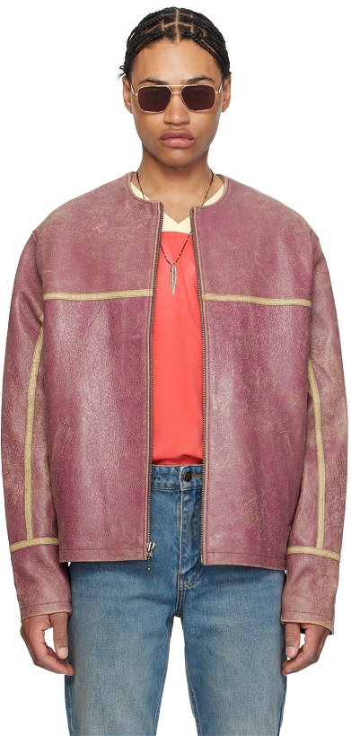 Photo: GUESS USA Purple Round Neck Leather Jacket