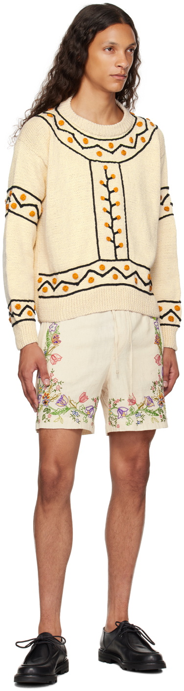 HARAGO Off-White Embroidered Shorts