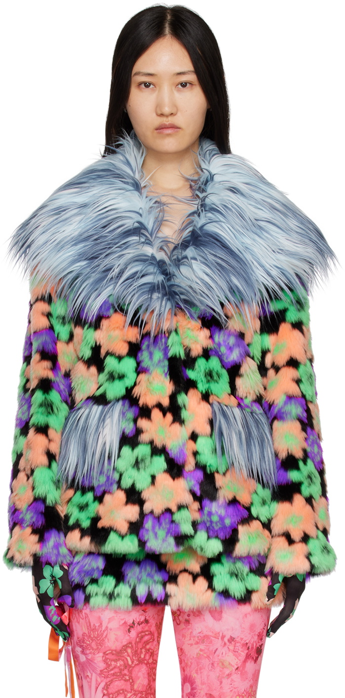SHUTING QIU Blue Floral Faux-Fur Jacket