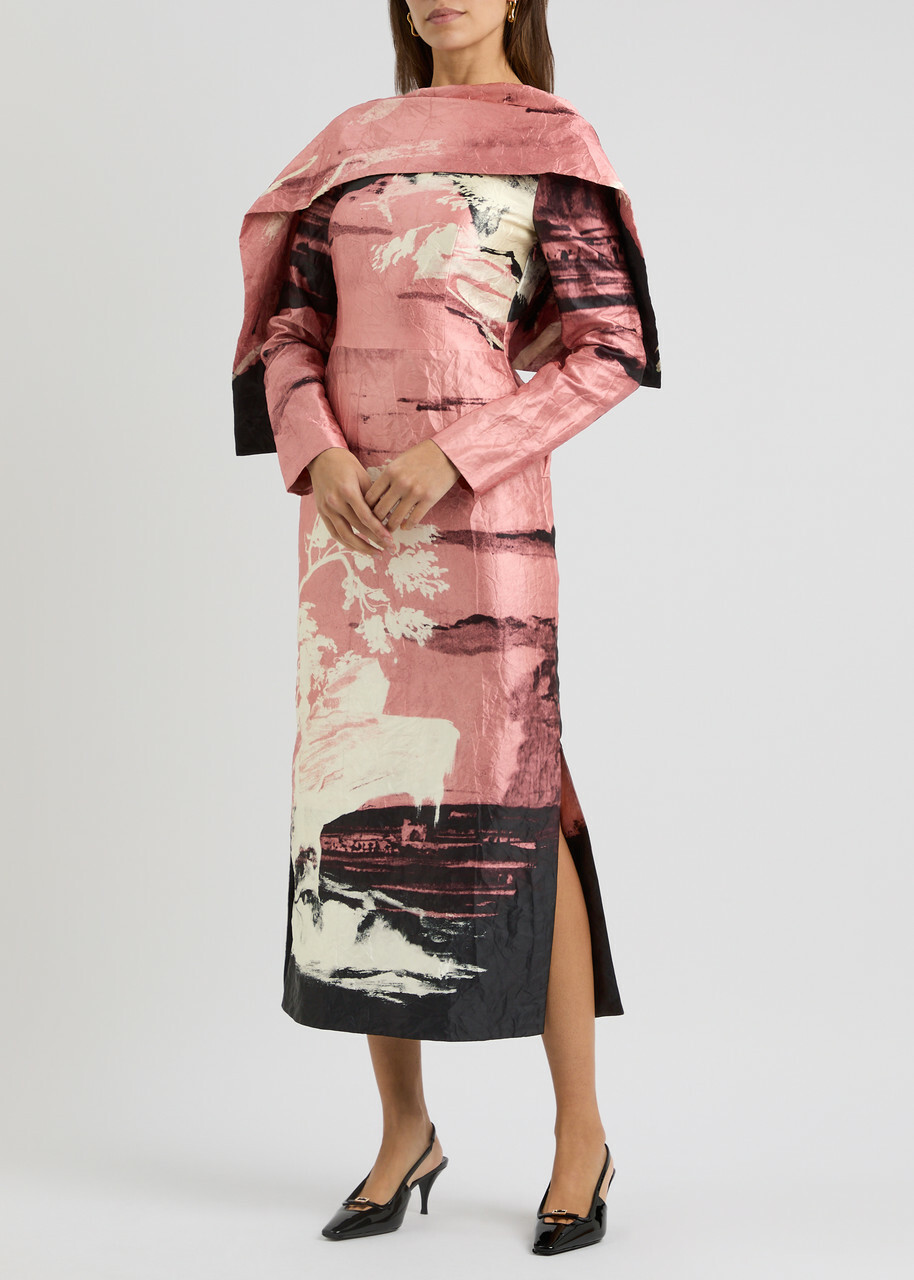 Erdem Printed Cape-effect Satin Midi Dress Multi Print