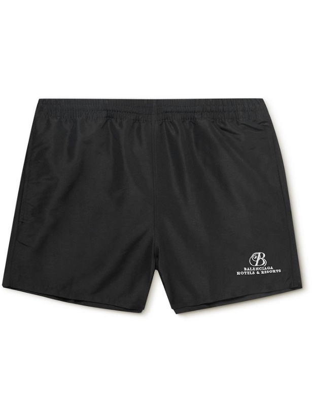 Photo: BALENCIAGA - Short-Length Logo-Embroidered Swim Shorts - Black