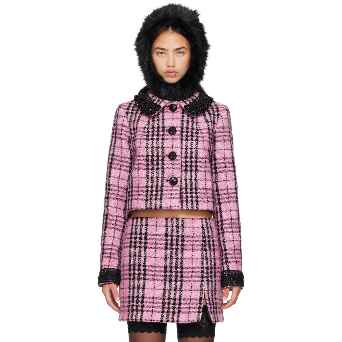 Anna Sui Pink Plaid Beaded Jacket