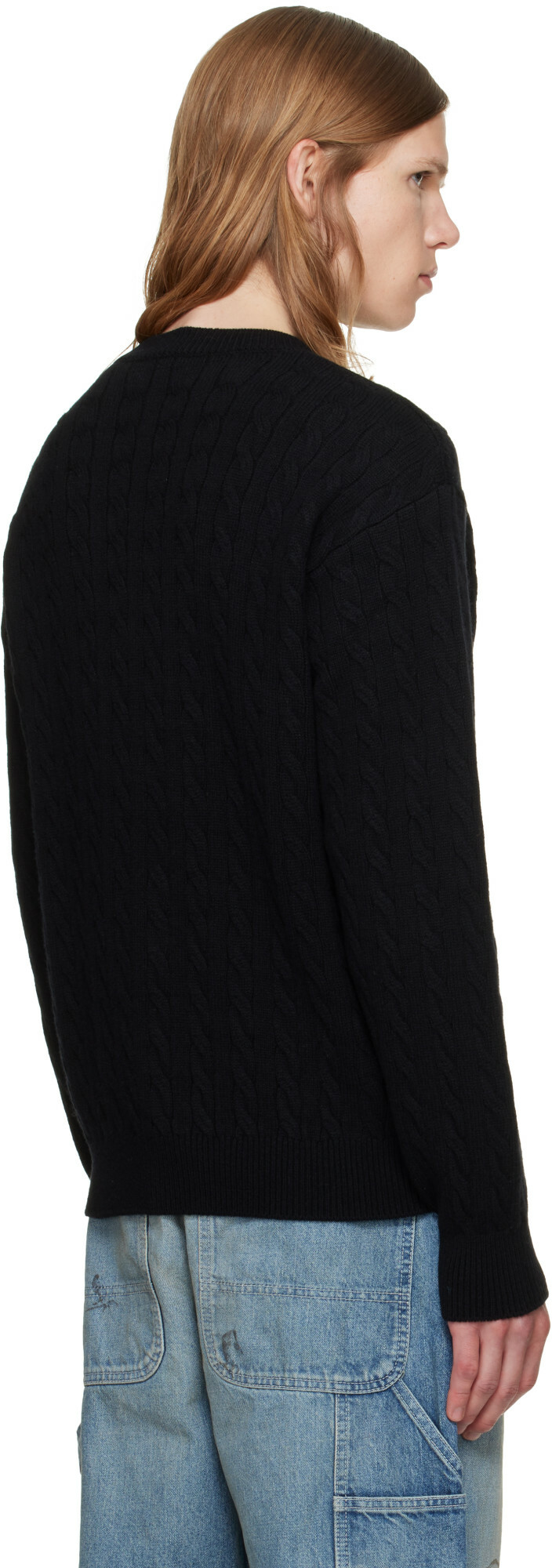 vowels Black Cable Knit Crewneck Sweater