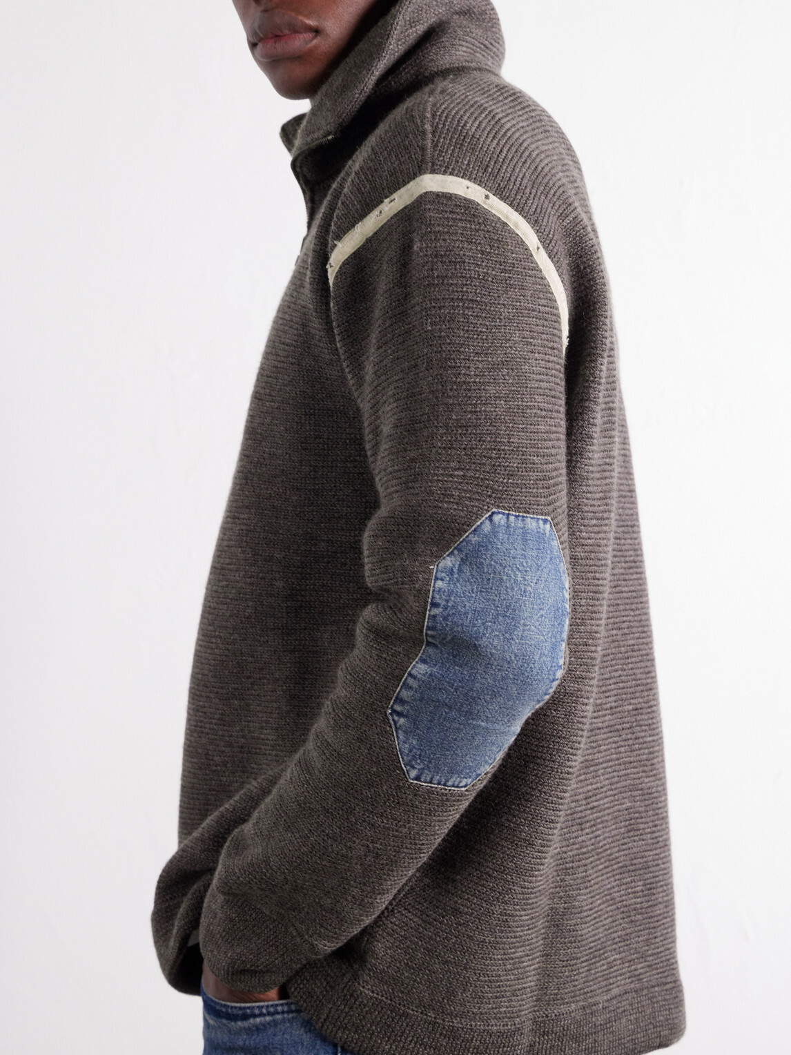 Maison Margiela - Distressed Denim-Trimmed Wool Half-Zip Sweater - Brown