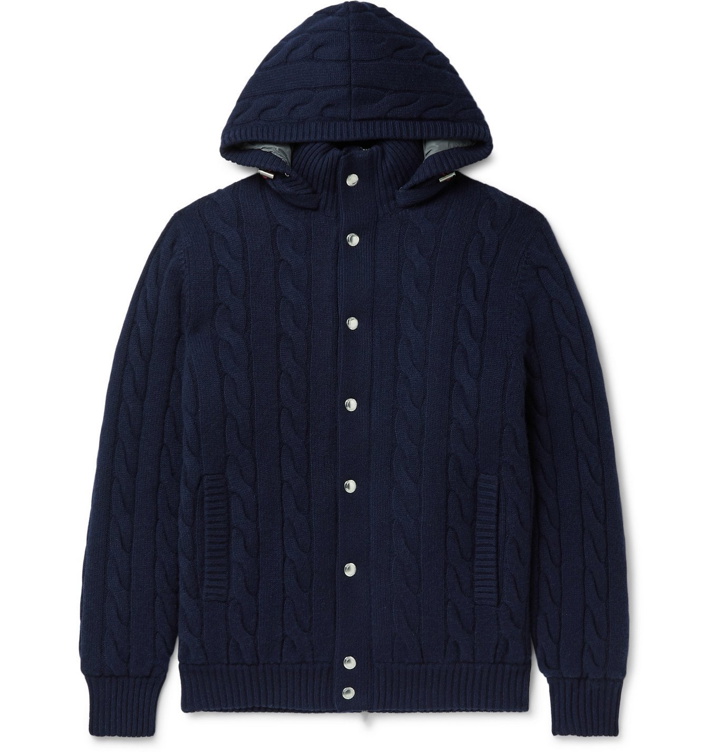 Photo: Brunello Cucinelli - Cable-Knit Cashmere Hooded Down Cardigan - Blue