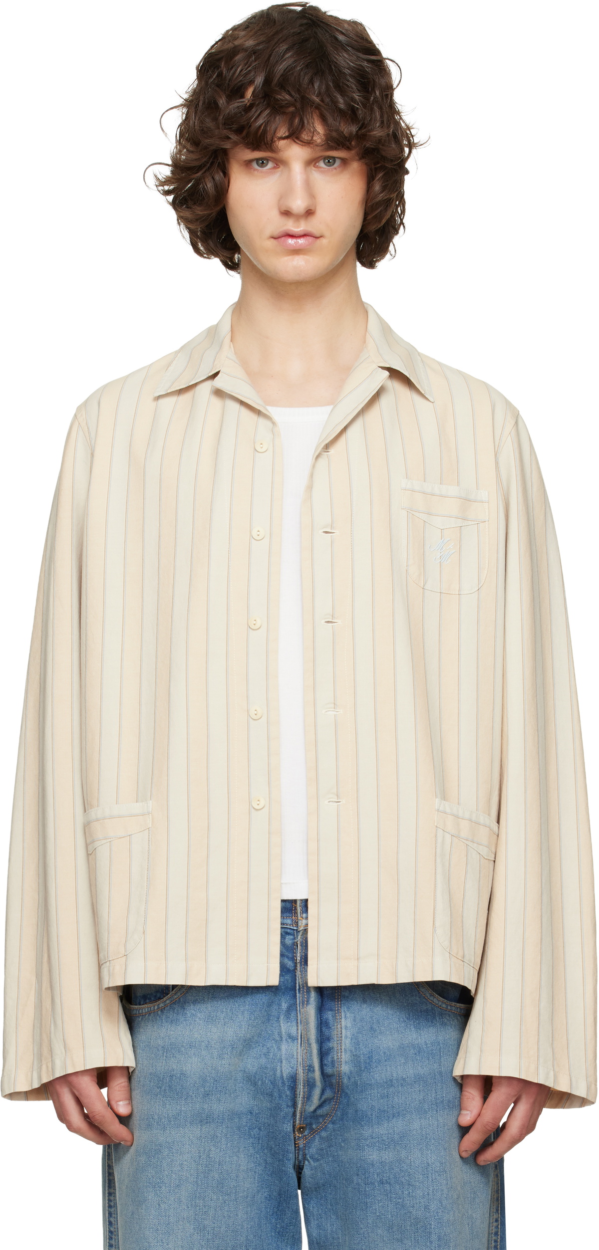 Maison Margiela Beige & Blue Cotton Striped Shirt