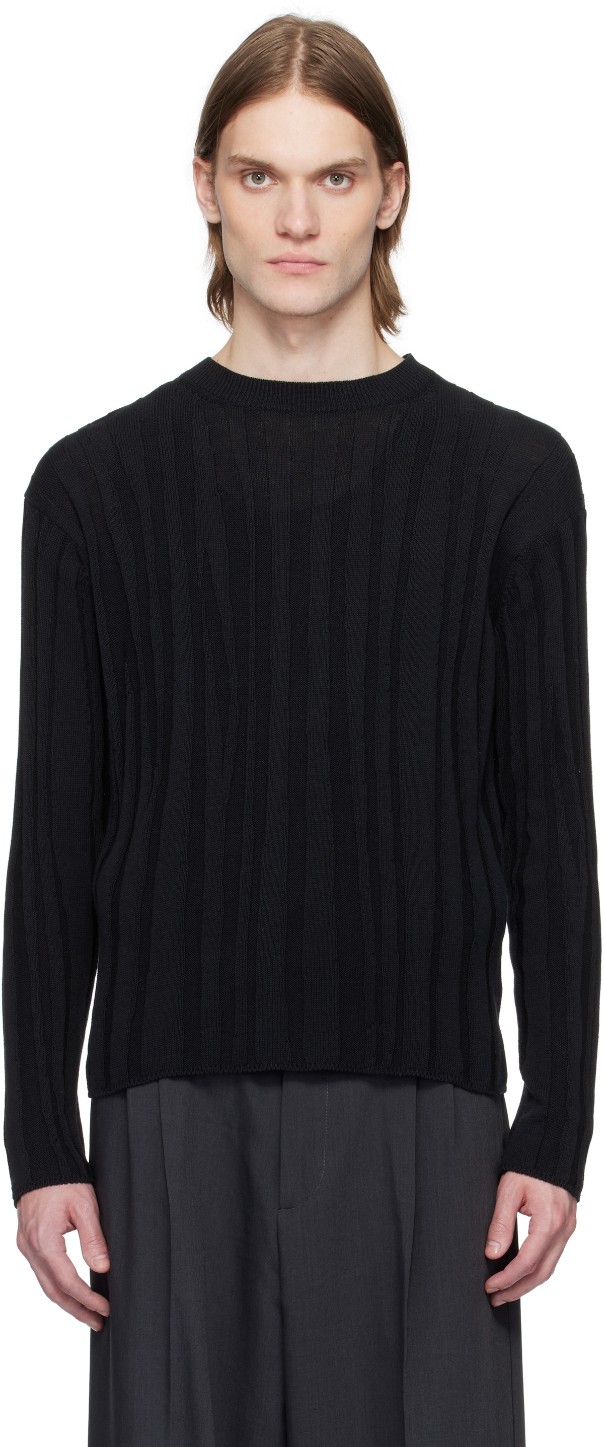 YOKE Black Roundum Rib Crewneck Sweater