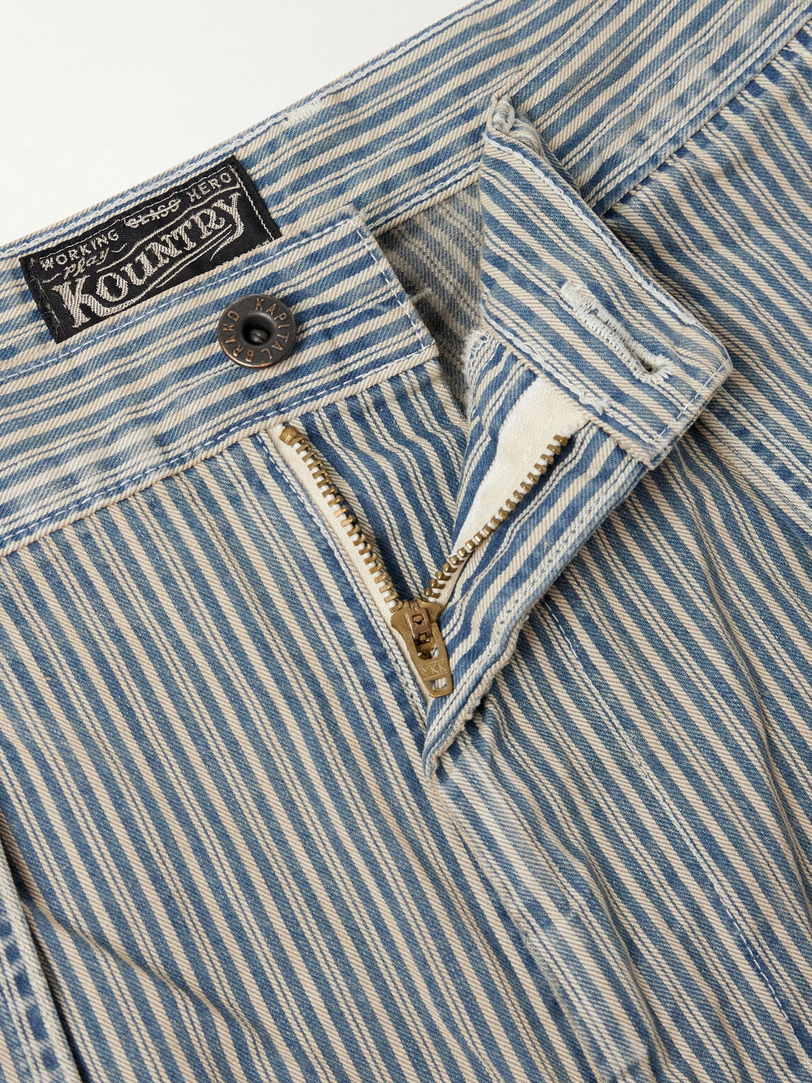 KAPITAL - Liberty Hicoree Fatigue Wide-Leg Striped Distressed Patchwork Cotton-Twill Trousers - Blue