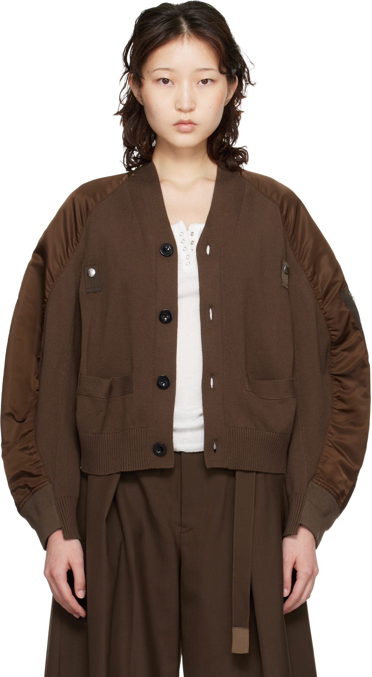 sacai Navy & Khaki Nylon Twill x Knit Cardigan Sacai