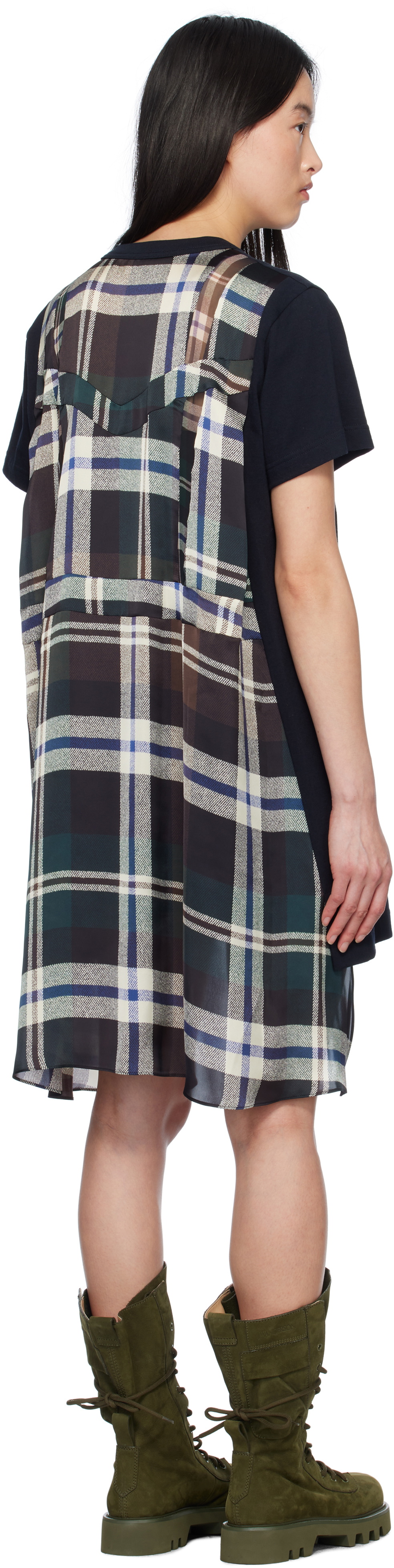 sacai Black & Green Plaid Print Cotton Jersey Minidress