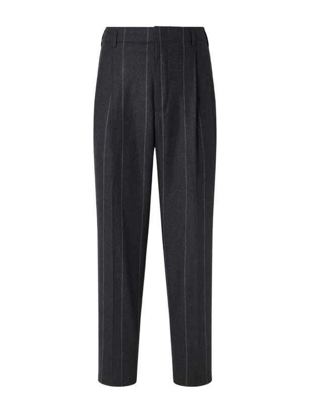 Photo: Brunello Cucinelli - Straight-Leg Pinstriped Pleated Wool, Silk and Cashmere-Blend Flannel Suit Trousers - Gray