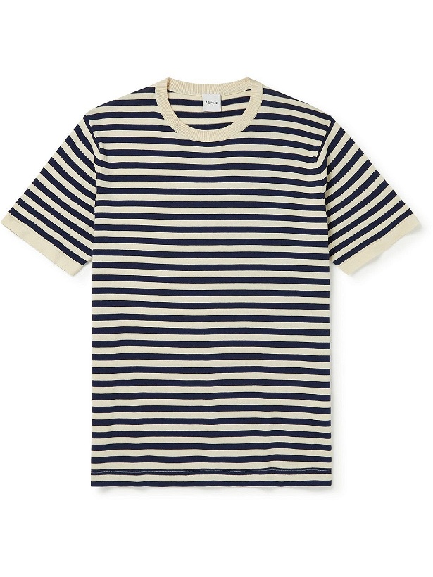 Photo: Aspesi - Striped Cotton, Silk and Linen-Blend T-Shirt - Blue