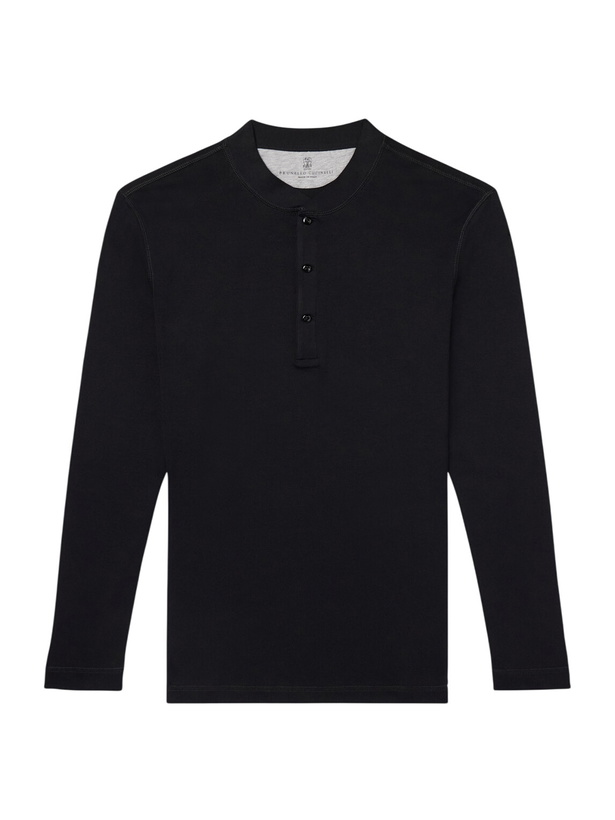 Photo: Brunello Cucinelli - Ribbed Cotton and Modal-Blend Jersey Henley T-Shirt - Black