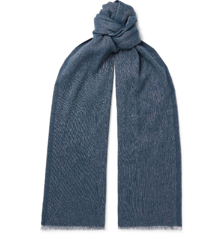 Photo: Loro Piana - Fringed Mélange Baby Cashmere and Linen-Blend Scarf - Blue