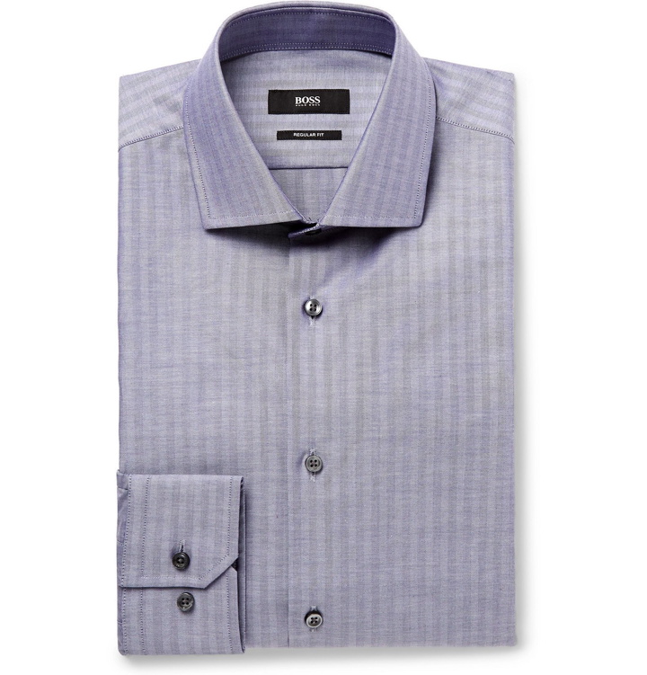 Photo: Hugo Boss - Blue Slim-Fit Herringbone Cotton Oxford Shirt - Blue