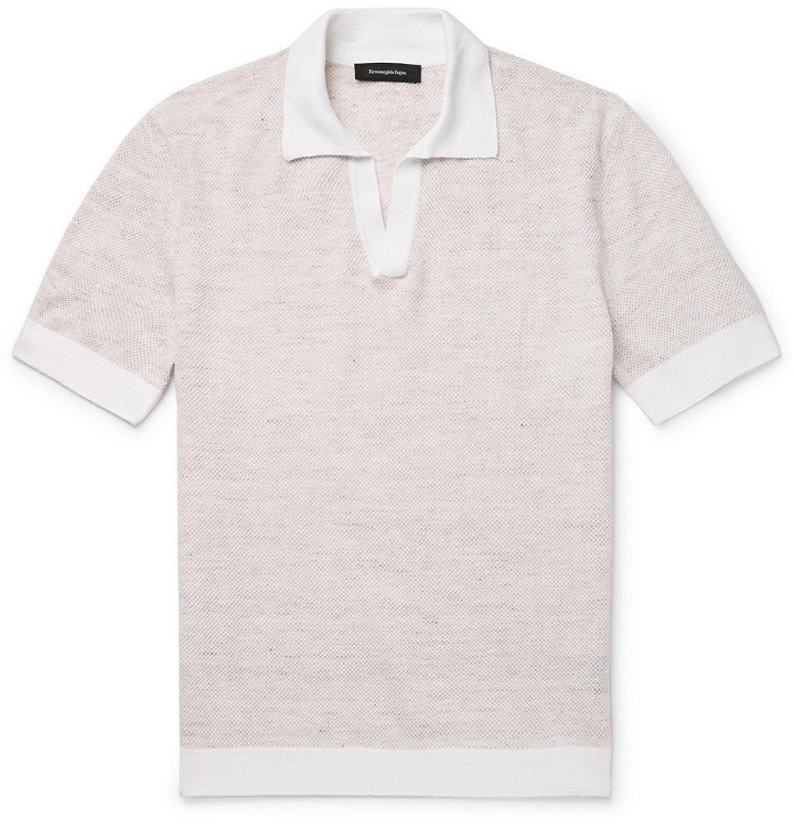 Photo: Ermenegildo Zegna - Slim-Fit Waffle-Knit Mélange Linen and Cotton-Blend Polo Shirt - Beige
